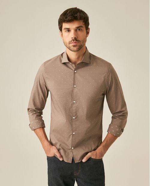 Camisa de Hombre Manga Larga Slim Fit Dobby Contraste Miniprint en Mezcla de Algodón y Coolmax