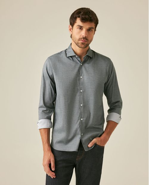 Camisa de Hombre Manga Larga Classic Fit Twill Miniprint Preteñido Microesmerilado en Mezcla de Algodón