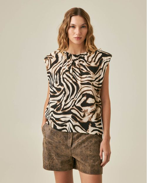 Blusa de Mujer Moda Silueta Recta Escote Recogido con Hombreras Estampada en Mezcla de Viscosa