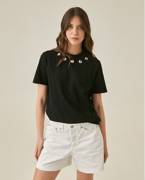 Camiseta de Mujer Moda Oversized Cuello Redondo con Remaches Espejo en  Algodón