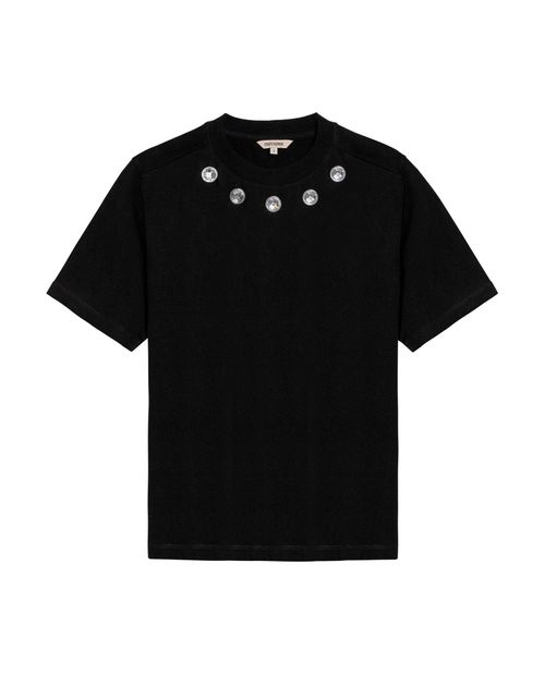 Camiseta de Mujer Moda Oversized Cuello Redondo con Remaches Espejo en  Algodón