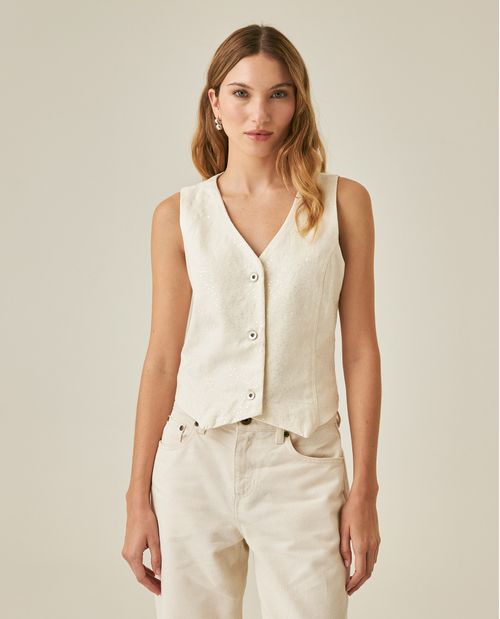 Chaleco de Mujer Silueta Recta con Lentejuelas Transparentes y Cortes en Mezcla de Algodón y Tencel