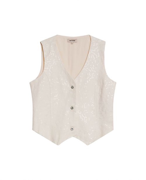 Chaleco de Mujer Silueta Recta con Lentejuelas Transparentes y Cortes en Mezcla de Algodón y Tencel
