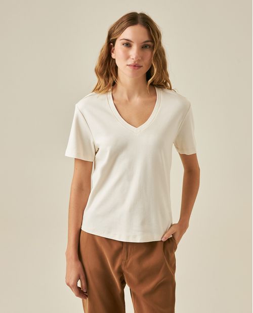 Camiseta de Mujer Esencial Silueta Recta Escote en V Manga Corta en  Algodón