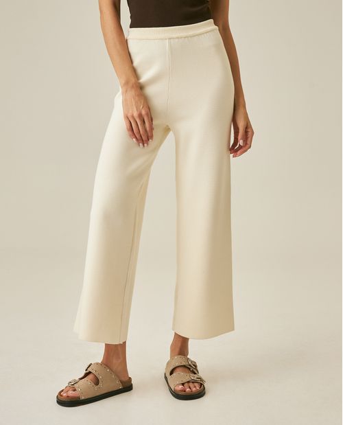 Pantalón de Mujer Tejido Básico Wide Leg Crop Jersey Tupido en Mezcla de Viscosa