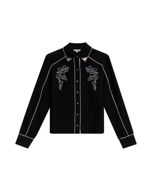 Camisa de Mujer Rodeo Silueta Recta con Punteras Metálicas y Bordado Flores en Mezcla de Rayón