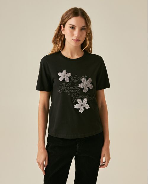 Camiseta de Mujer Gráfica Slim Fit Cuello Redondo con Flores Velveteen Localizado en Algodón