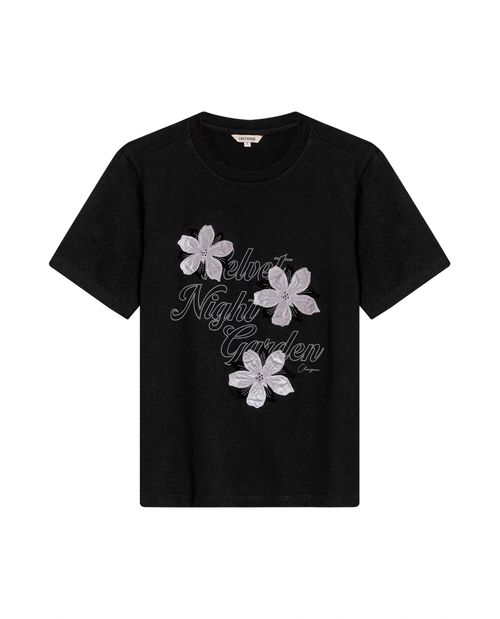 Camiseta de Mujer Gráfica Slim Fit Cuello Redondo con Flores Velveteen Localizado en Algodón