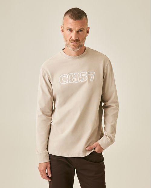 Camiseta de Hombre Manga Larga Classic Fit Gráfico Bordado en Cadenete en Mezcla de Algodón