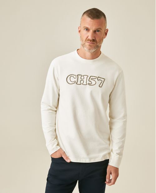 Camiseta de Hombre Manga Larga Classic Fit Gráfico Bordado en Cadenete en Mezcla de Algodón