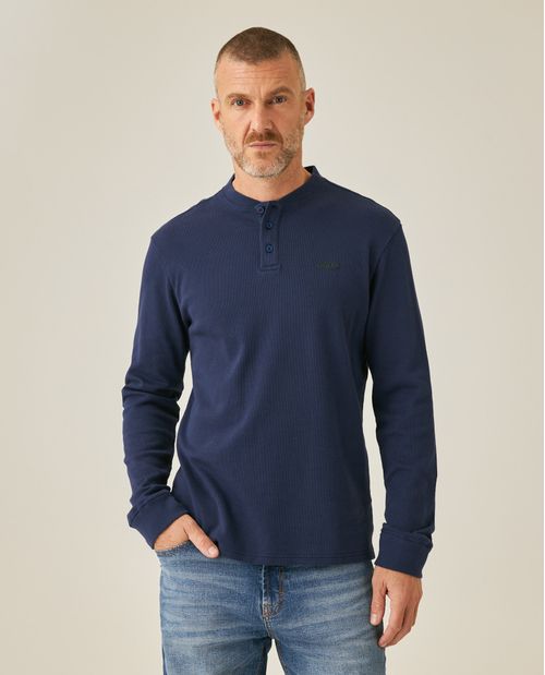 Camiseta de Hombre Slim Fit Manga Larga Cuello Henley Simulación Tejido Knitwear en Mezcla de Algodón
