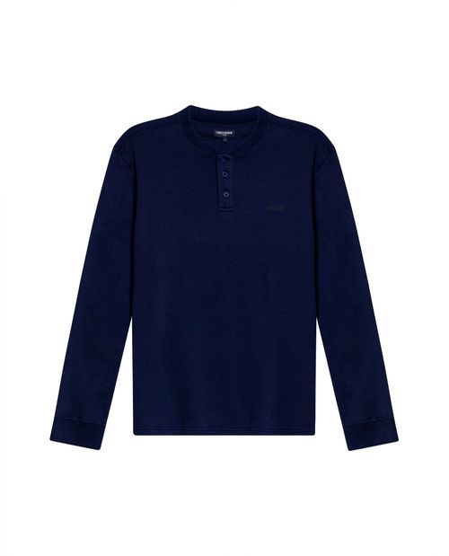 Camiseta de Hombre Slim Fit Manga Larga Cuello Henley Simulación Tejido Knitwear en Mezcla de Algodón