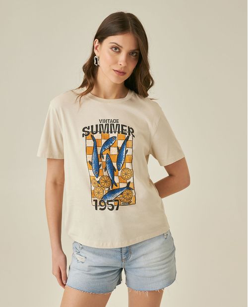 Camiseta de Mujer Gráfica Oversized Cuello Redondo con Gráfico Verano Caviar en Algodón