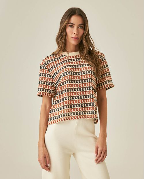 Camiseta de Mujer Moda Oversized Cuello Redondo Efecto Tejido Multicolor en Poliéster