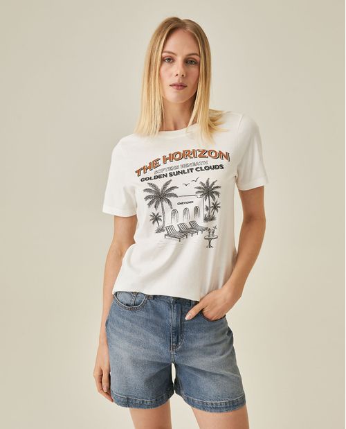 Camiseta de Mujer Gráfica Slim Fit Cuello Redondo con Piedras Bordadas Verano en Algodón