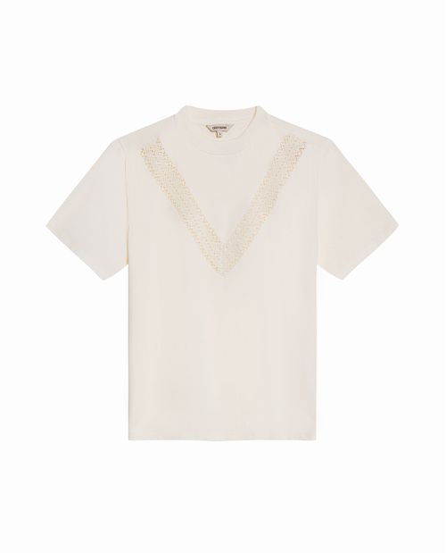 Camiseta de Mujer Gráfica Oversized Cuello Redondo con Franja V Aplique en Algodón