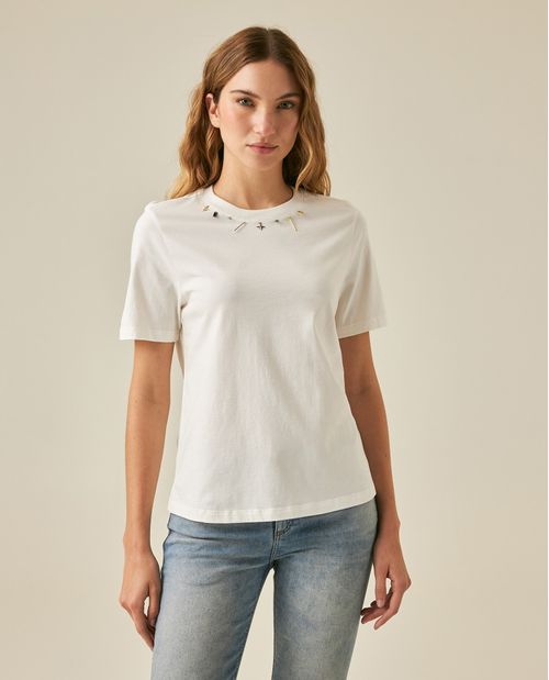 Camiseta de Mujer Moda Slim Fit Cuello Redondo con Dijes Alrededor del Cuello en Algodón