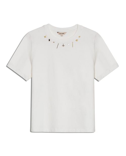 Camiseta de Mujer Moda Slim Fit Cuello Redondo con Dijes Alrededor del Cuello en Algodón