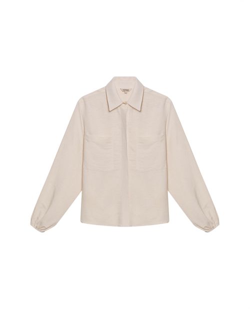 Camisa de Mujer Silueta Amplia con Almilla Posterior Perilla Multiagujas en Mezcla de Lino