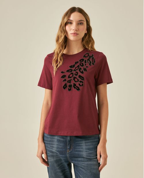 Camiseta de Mujer Gráfica Slim Fit Cuello Redondo Animal Print con Flock y Piedras en Algodón