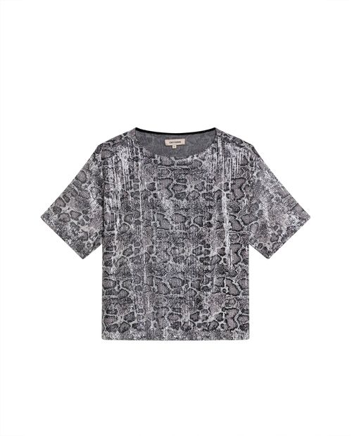 Camiseta de Mujer Moda Oversized Animal Print con Lentejuelas Forro Malla en Mezcla de Poliéster