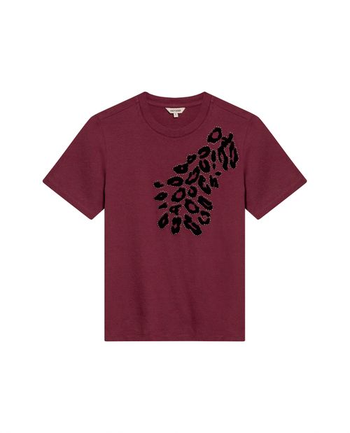 Camiseta de Mujer Gráfica Slim Fit Cuello Redondo Animal Print con Flock y Piedras en Algodón