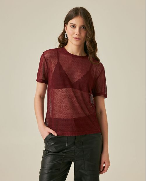 Camiseta de Mujer Moda Silueta Recta Tipo Malla con Transparencia en Mezcla de Poliéster