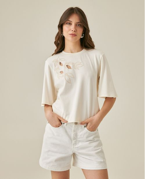 Camiseta de Mujer Moda Oversized Cuello Redondo con Bordado Flores Diagonal en Algodón