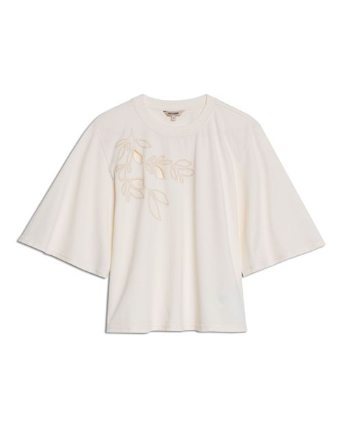 Camiseta de Mujer Moda Oversized Cuello Redondo con Bordado Flores Diagonal en Algodón