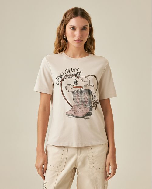 Camiseta de Mujer Rodeo Gráfica Slim Fit Botas Texanas con Piedras en Algodón