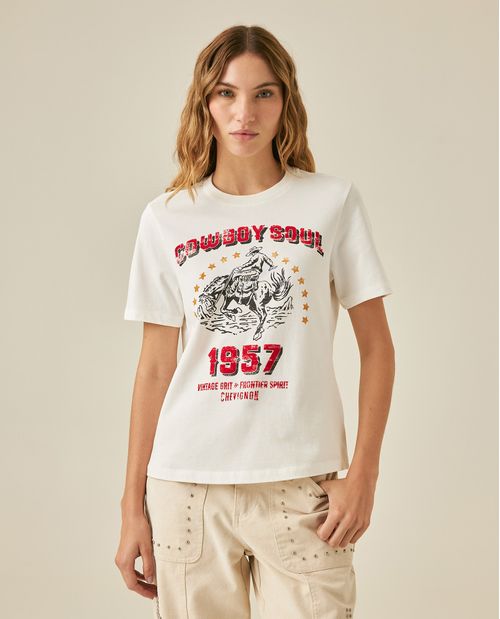 Camiseta de Mujer Rodeo Gráfica Slim Fit Estilo Cowboy con Flock y Piedras en Algodón