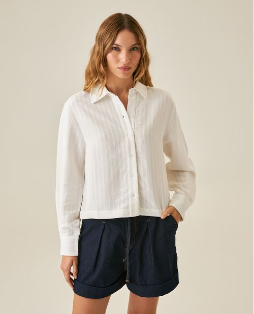 Camisa de Mujer Moda Silueta Recta Rayas Jacquard con Bordado Espalda en Mezcla de Viscosa