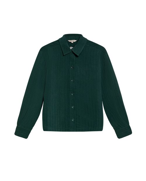 Camisa de Mujer Moda Silueta Recta Rayas Jacquard con Bordado Espalda en Mezcla de Viscosa