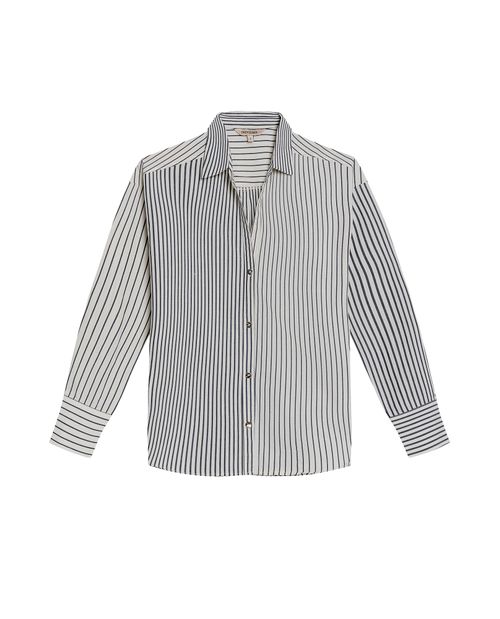 Camisa de Mujer Rayas Silueta Amplia Cuello con Banda Escote en V en Algodón