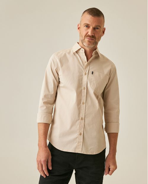 Camisa de Hombre Manga Larga Slim Fit Cuello Abierto en Popelina en Mezcla de Algodón