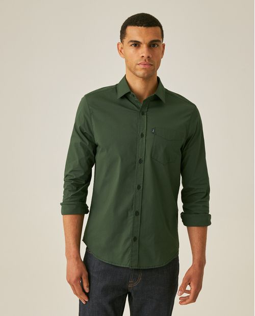 Camisa de Hombre Manga Larga Slim Fit Cuello Abierto en Popelina en Mezcla de Algodón