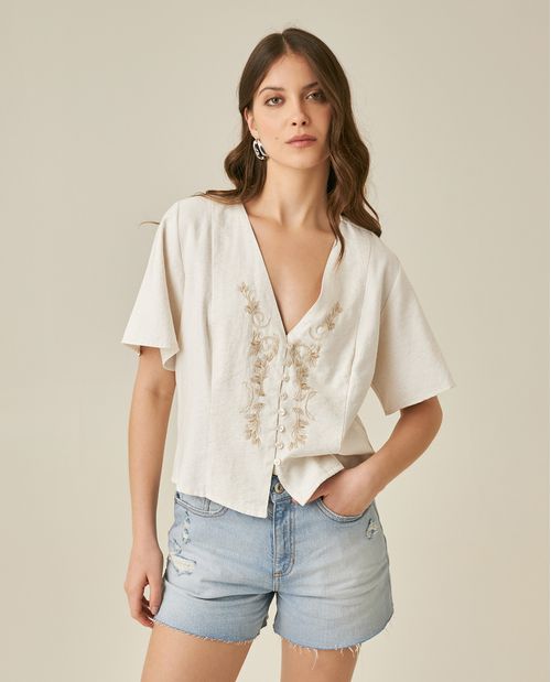 Blusa de Mujer Moda Silueta Recta Escote en V con Cordón Pulpo y Bordado en Mezcla de Rayón y Lino