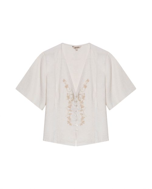 Blusa de Mujer Moda Silueta Recta Escote en V con Cordón Pulpo y Bordado en Mezcla de Rayón y Lino