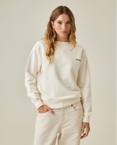 Buzo de Mujer Cerrado Silueta Amplia con Gráfico Espalda Aplique y Chenil en Mezcla de Algodón