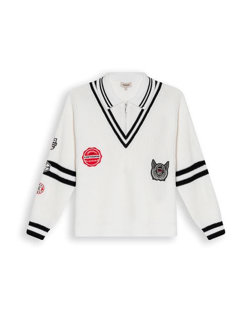 Suéter de Mujer Tejido Punto Inglés Silueta Bomber Varsity con Apliques en Algodón