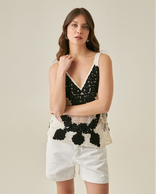 Blusa de Mujer Tiras Bordado Continuo Escote en V Silueta Suelta en Acrílico