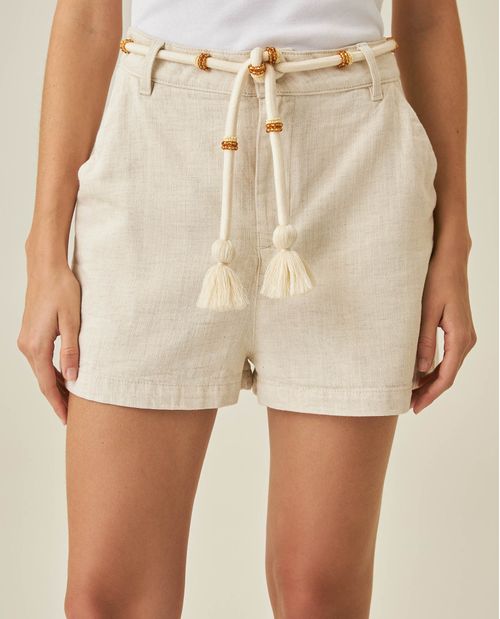 Short de Mujer Silueta Recta Tiro Alto con Cinturón Mostacillas y Borlas en Mezcla de Algodón, Viscosa y Lino