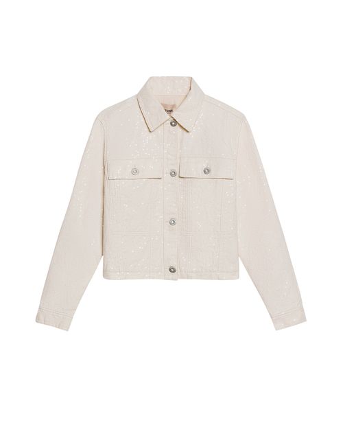 Chaqueta de Mujer Tipo Trucker Denim Liviano con Lentejuelas Bordadas en Mezcla de Algodón y Tencel