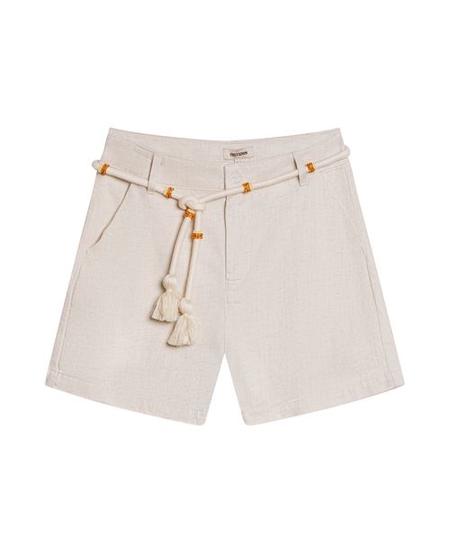 Short de Mujer Silueta Recta Tiro Alto con Cinturón Mostacillas y Borlas en Mezcla de Algodón, Viscosa y Lino