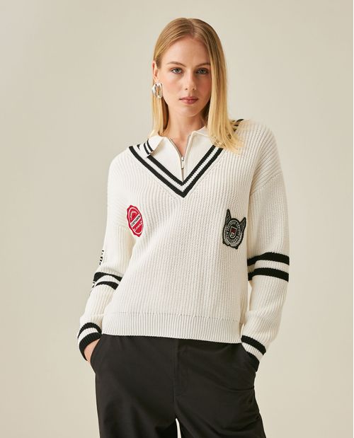 Suéter de Mujer Tejido Punto Inglés Silueta Bomber Varsity con Apliques en Algodón