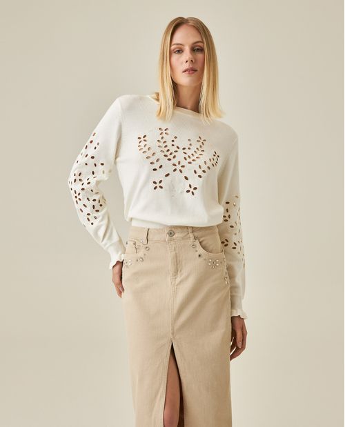 Suéter de Mujer Tejido Ojales Florales Bordados y Ruches en Mezcla de Acrílico