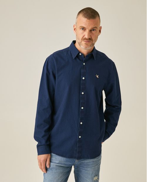 Camisa de Hombre Manga Larga Classic Fit Pato de Colores Bordado Tela con Efecto en Mezcla de Algodón y Lino