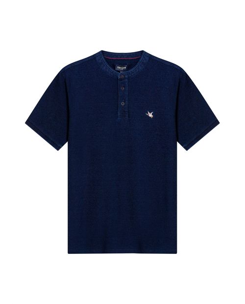 Camisa Polo de Hombre Slim Fit Cuello Nerú Manga Corta en Hilos de Denim Tela Piqué en 100% Algodón