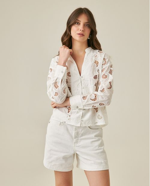 Camisa de Mujer Moda Silueta Recta Cuello Nerú Tipo Ojalillo en Mezcla de Poliéster
