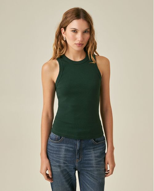 Camiseta de Mujer Esencial Tipo Tank Ajustada Textura Acanalada Bordado Tono a Tono en Mezcla de Algodón